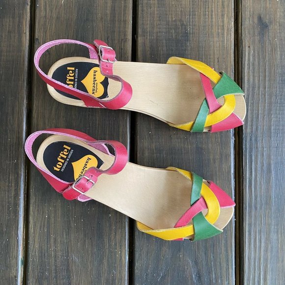 Swedish Hasbeens Toffel Multi Leather Wooden Heel Clog Sandals Size EU 39 US 8.5 - Picture 3 of 12